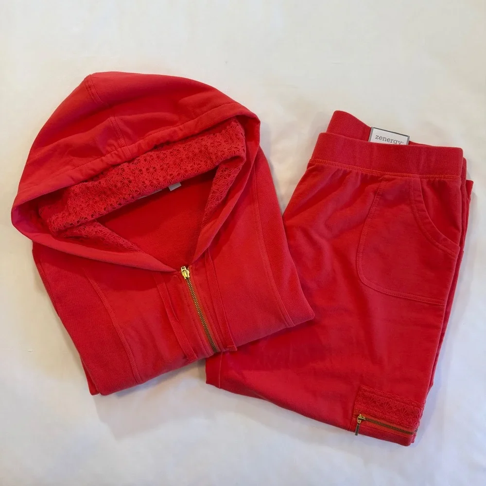 Hoodie & Crop Pants Set Chico's Zenergy Knit Orange Crochet Gold-tone Sz‎ 2 L